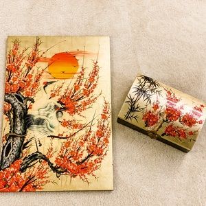 Cranes & Red Cherry Blossom Lacquer Painting & Box